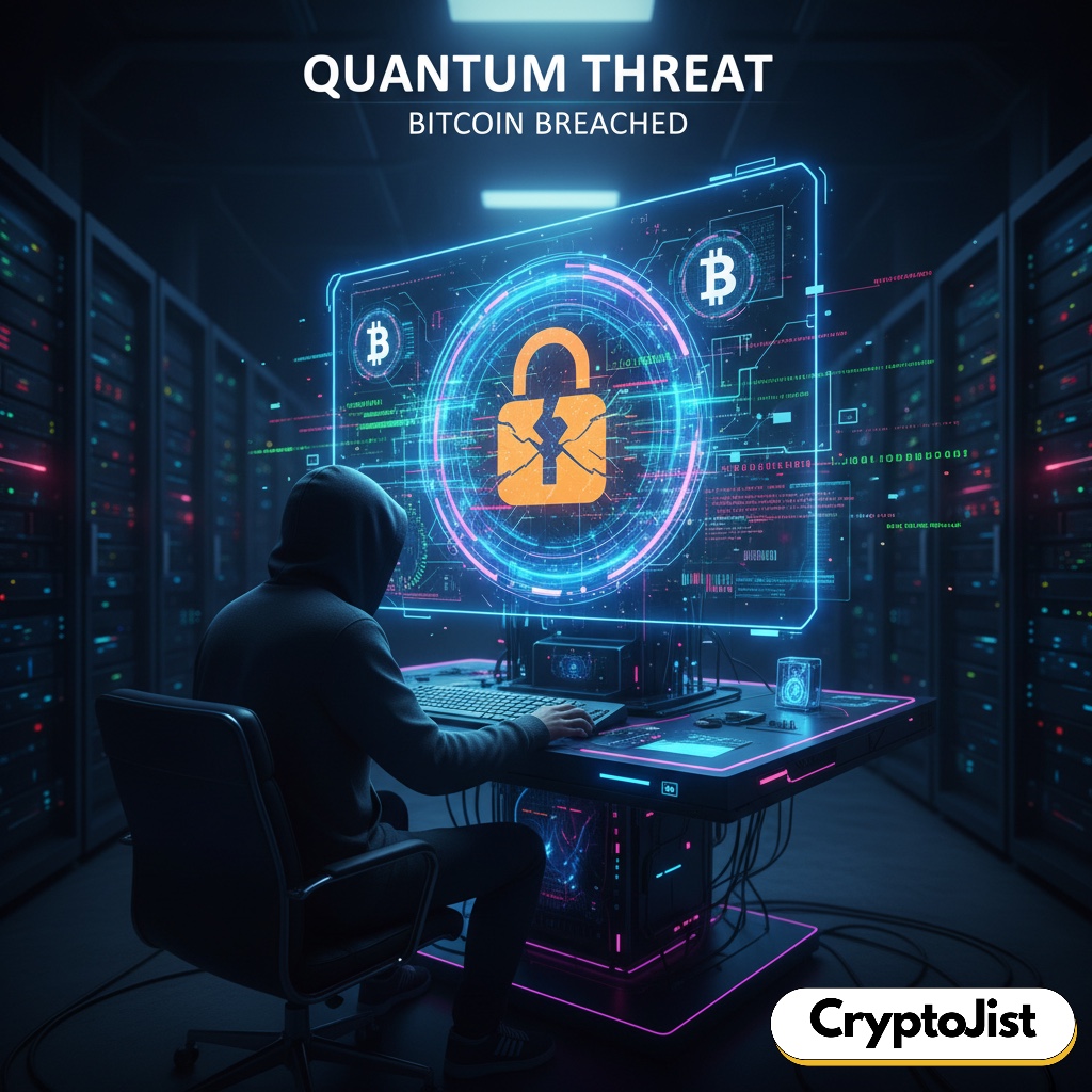 Quantum computing threatens Bitcoin security, showing Bitcoin protected by SHA-256 encryption and future quantum-resistant upgrades.