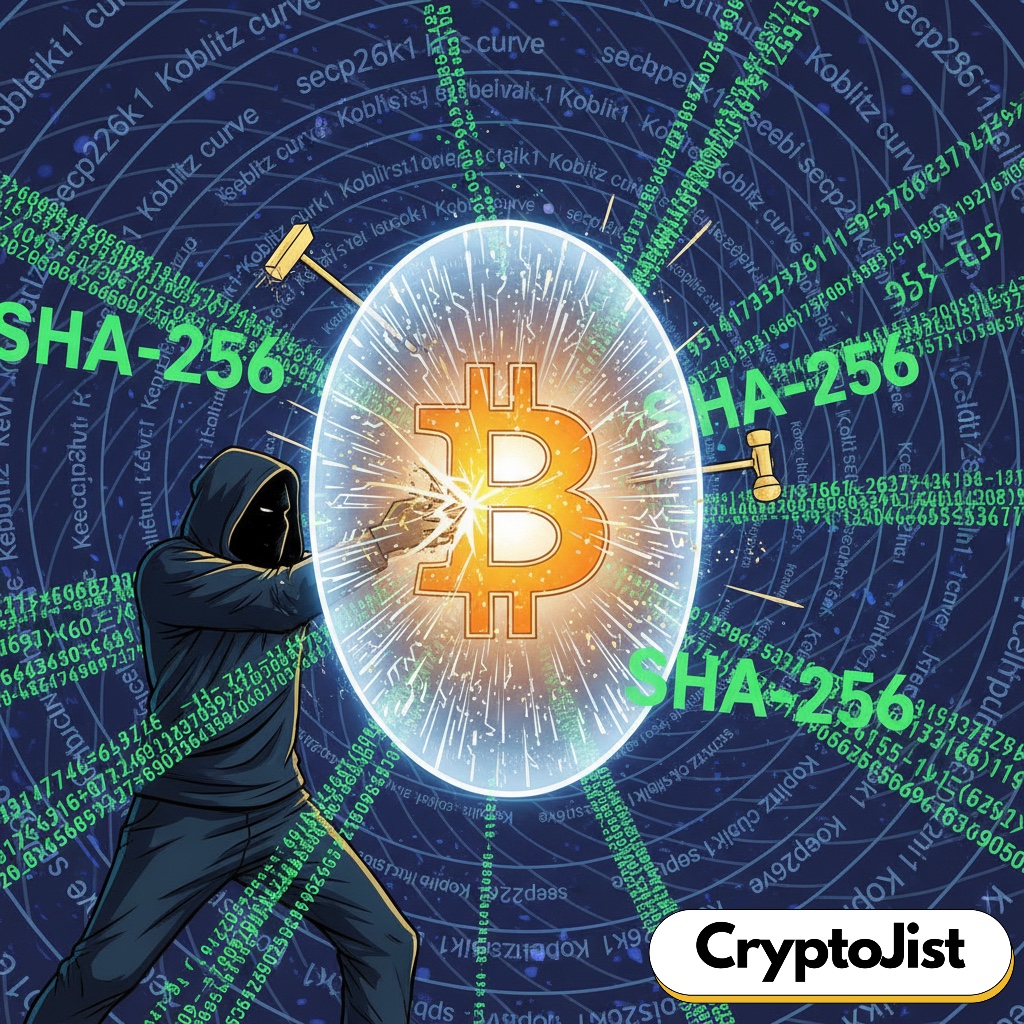 Visual representation of Bitcoin security showing blockchain encryption, SHA-256 hashing, and elliptic curve protection against hacking and quantum threats.