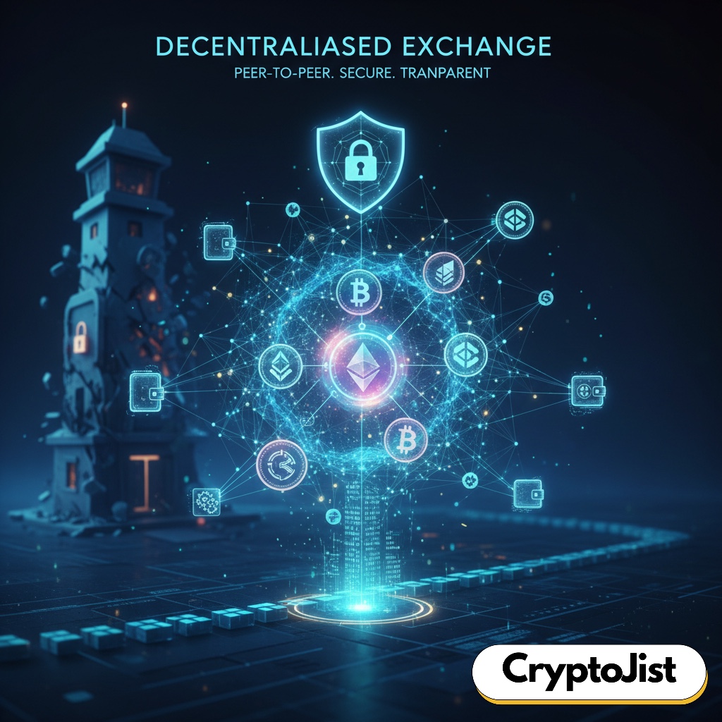 Illustration of decentralised exchange (DEX) showing peer-to-peer crypto trading via blockchain smart contracts.