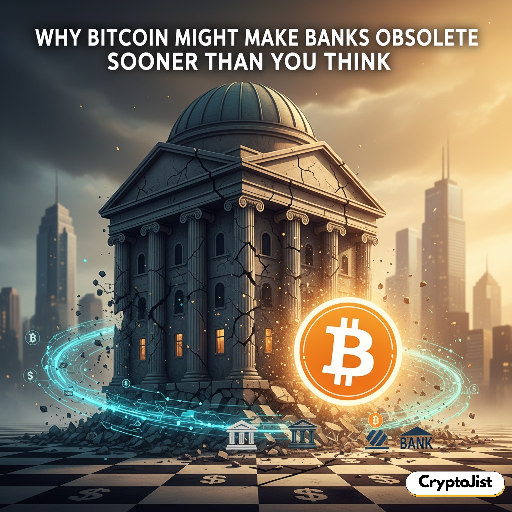 Illustration of Why Bitcoin Might Make Banks Obsolete by lower fees and trustless technology.