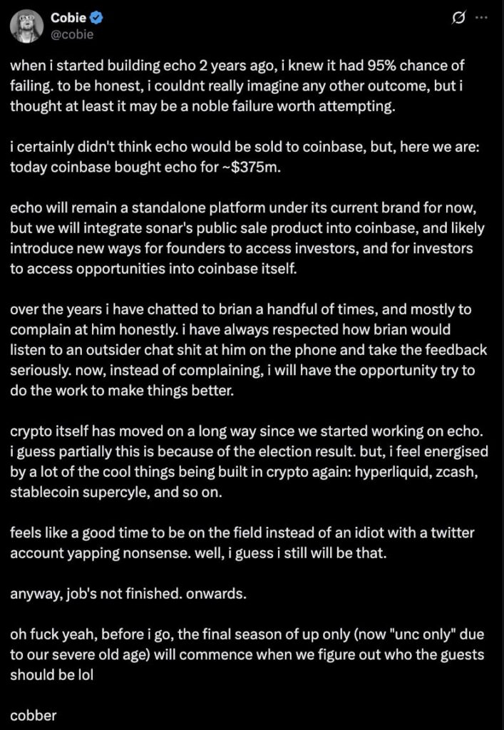Echo founder Jordan Fish expressed his thoughts on social media, stating, “I didn’t expect Echo to be acquired by Coinbase, but here we are. This deal opens new doors for founders and investors.”