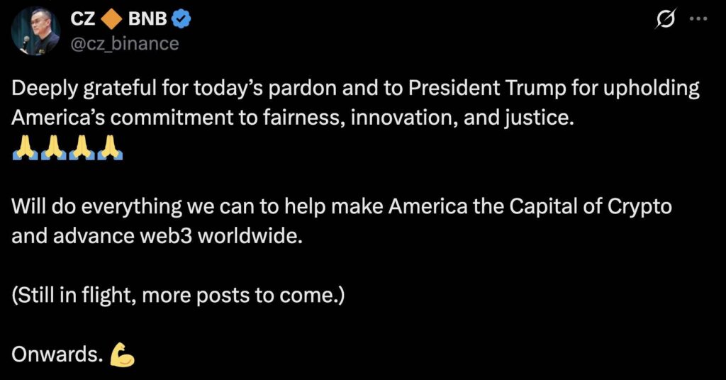 A tweet by Changpeng Zhao thanking President Trump for the Pardon