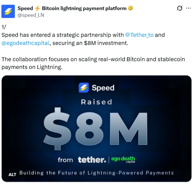 Tether Leads $8M Funding for Lightning Startup Speed