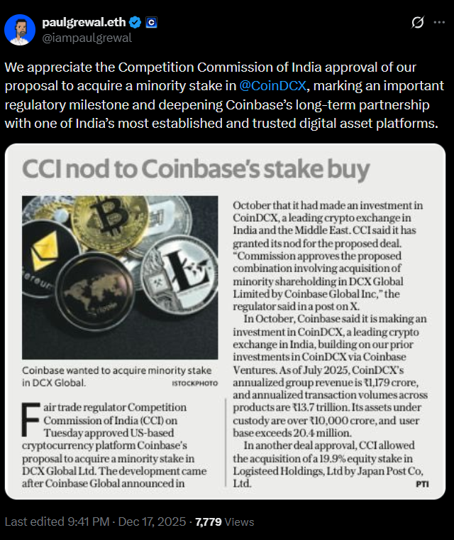Coinbase Gets India Green Light for $2.45B CoinDCX Stake
