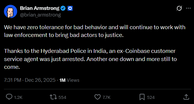 Coinbase CEO Reveals First Arrest in India Over Data Hack