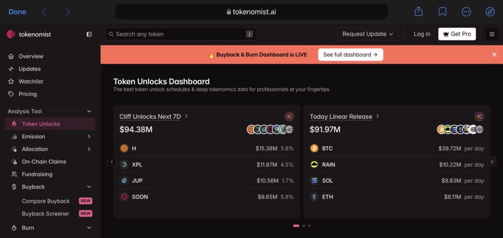 Token unlock dashboard.