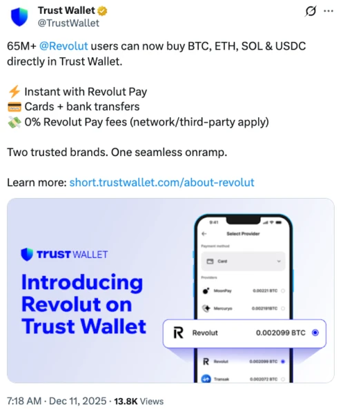 Revolut and Trust Wallet Launch Instant Crypto Purchases in Europe